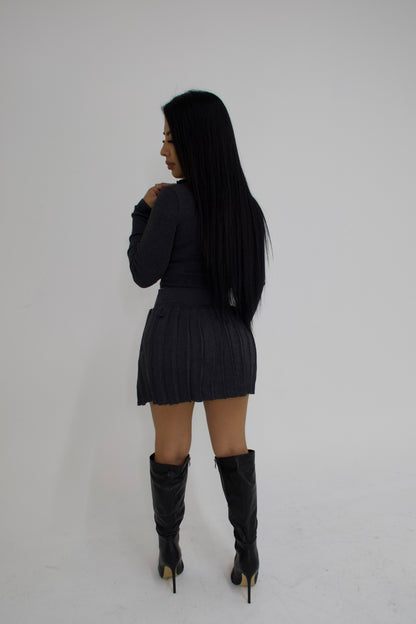 Neck zip up skirt set (grey)